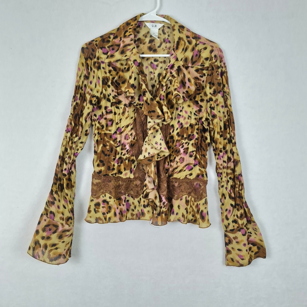 Womens Medium Leopard Print Ruffle Lace Trim Blouse Long Sleeve Whimsy Fairy